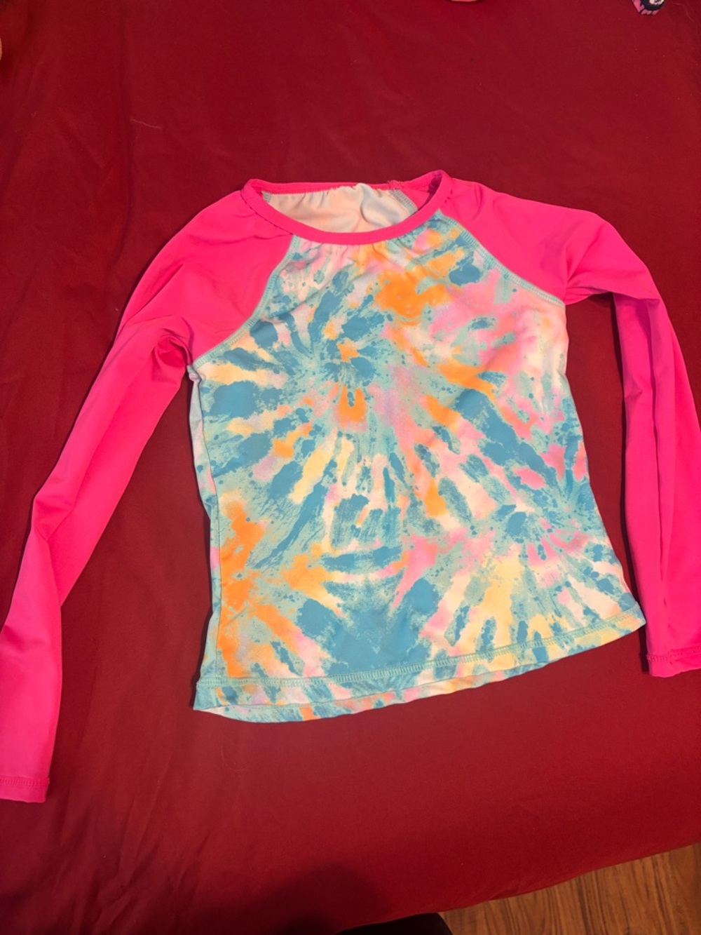 Lands' End Girls Long-Sleeve Rashguard - Hot Pink with Tie-Dye